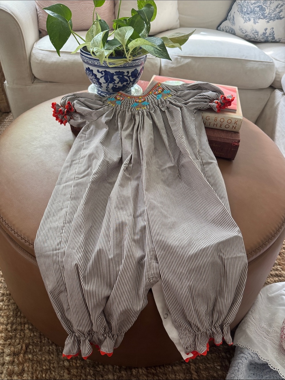 Striped Smocked Top with Hand-Embroidered Owl Motif